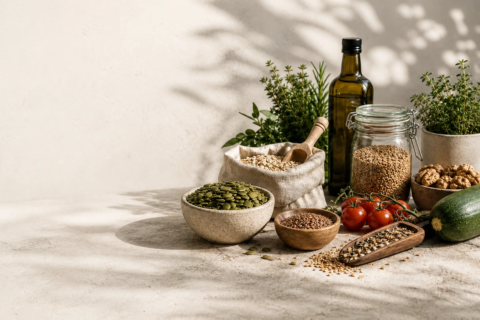 Добірка натуральних продуктів: зерно, насіння, горіхи, олія та овочі